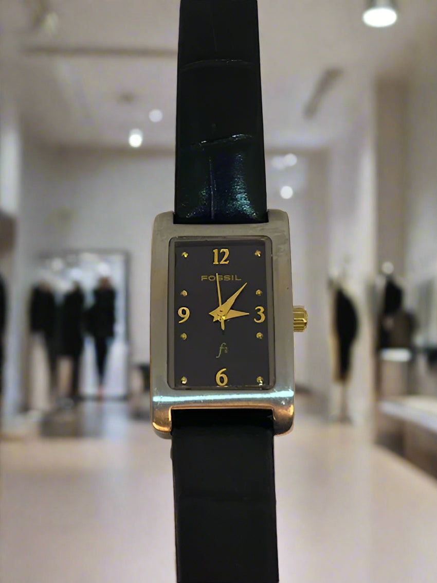 Fossil watch, Raquel (SM) Women's watch- *VINTAGE* Three-Hand, Rectangular face, thin black leather band (Retail value $170)