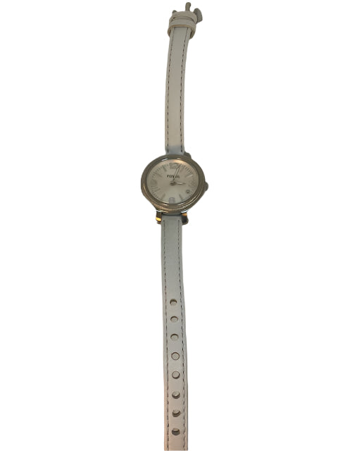 Fossil watch, Jacqueline (MED) Women's watch- Round face, silver diamond cut, white leather band (Retail value $170)