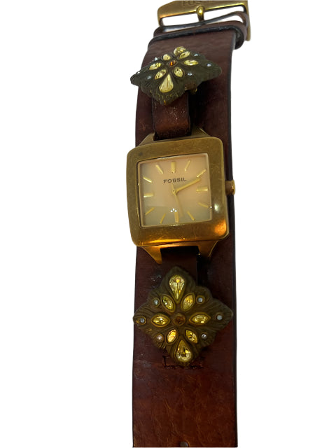 Fossil Cuff (MED) Women's watch- *VINTAGE* Three-Hand, Copper Rectangular face, thick brown leather cuff with yellow, white, and pink crystals (Retail value $300)