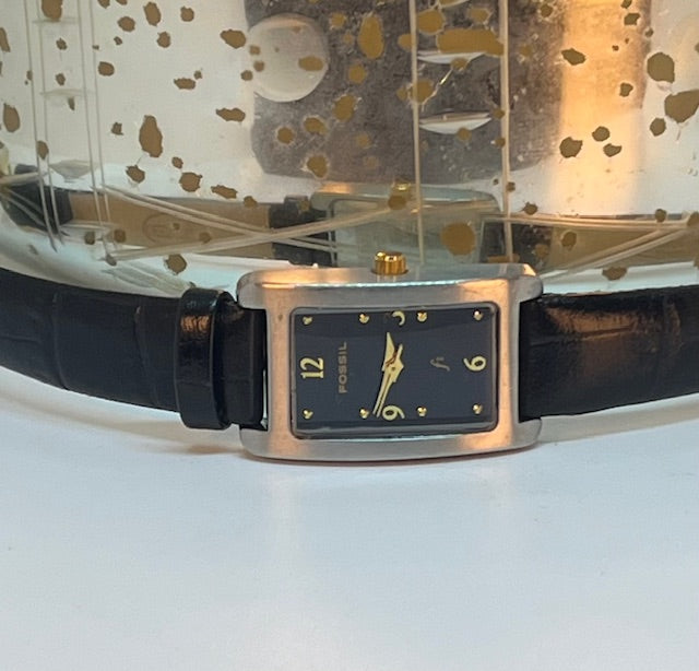 Fossil watch, Raquel (SM) Women's watch- *VINTAGE* Three-Hand, Rectangular face, thin black leather band (Retail value $170)