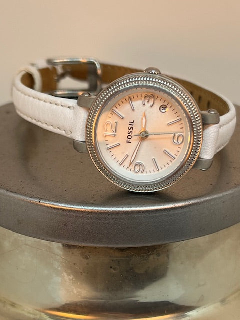 Fossil watch, Jacqueline (MED) Women's watch- Round face, silver diamond cut, white leather band (Retail value $170)