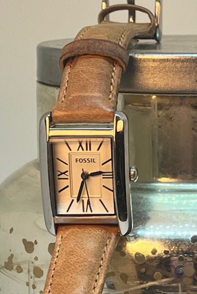 Fossil watch, Carraway (SM) Men's watch-  Rectangular face,  thin brown leather band (Retail value $170)