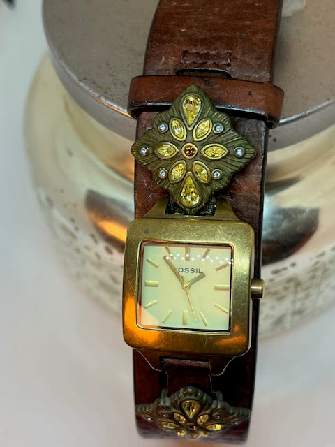 Fossil Cuff (MED) Women's watch- *VINTAGE* Three-Hand, Copper Rectangular face, thick brown leather cuff with yellow, white, and pink crystals (Retail value $300)